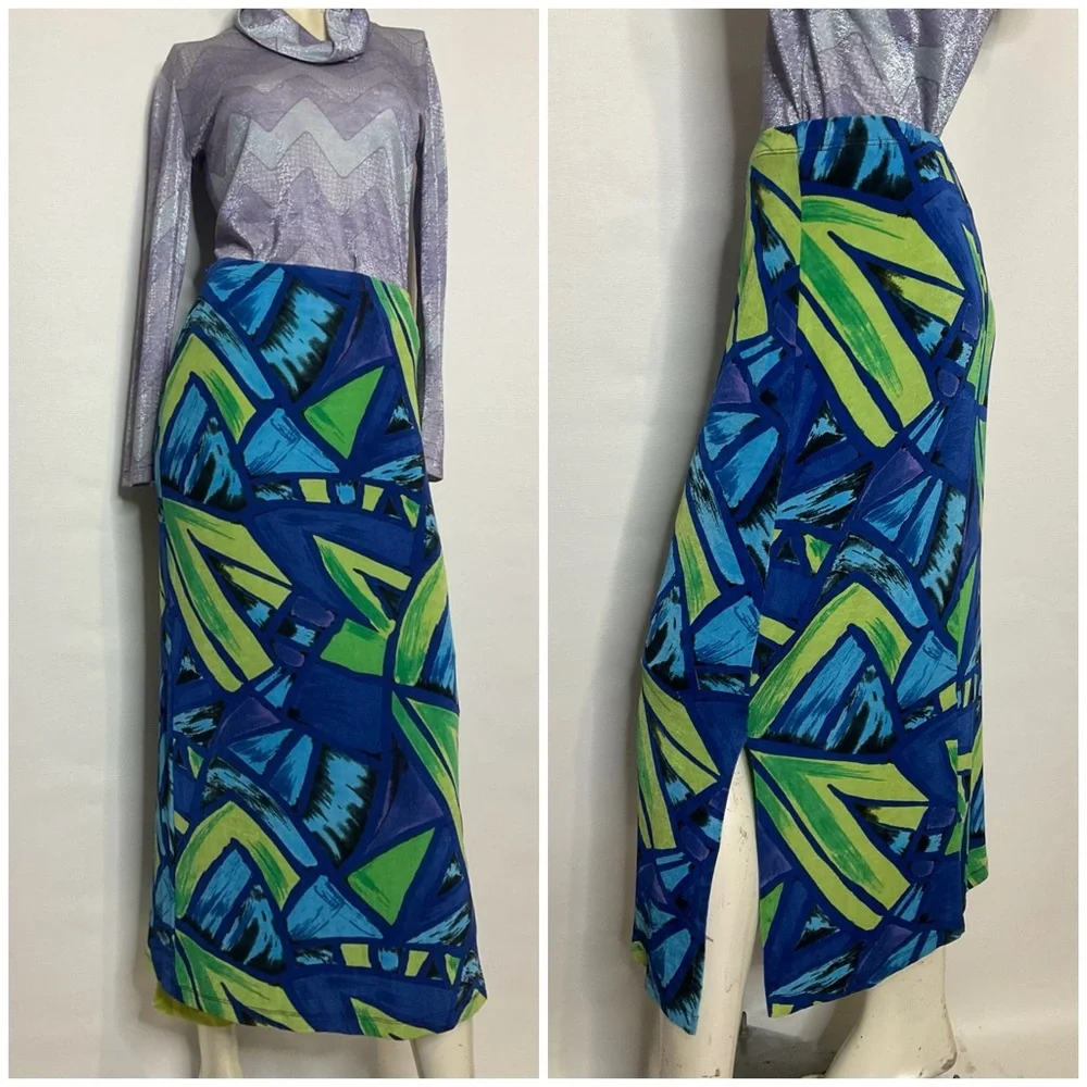 Slinky Y2K Abstract Modern Art Print Side Slit Maxi Skirt Size Medium